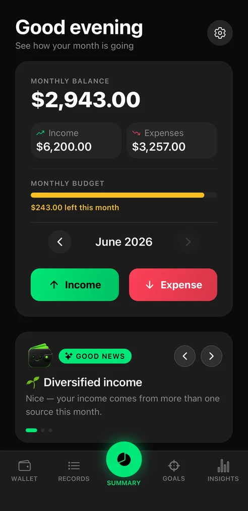 TidyWallet Summary screen showing monthly balance, budget and smart insights